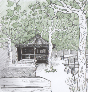 Bergmann beer garden at the end of summer (fineliner and colored pencil)