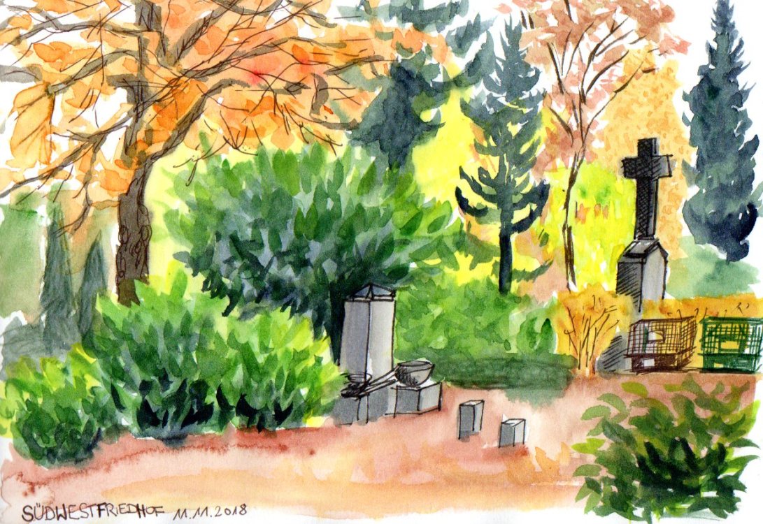 Cemetery in autumn (watercolor, fineliner)